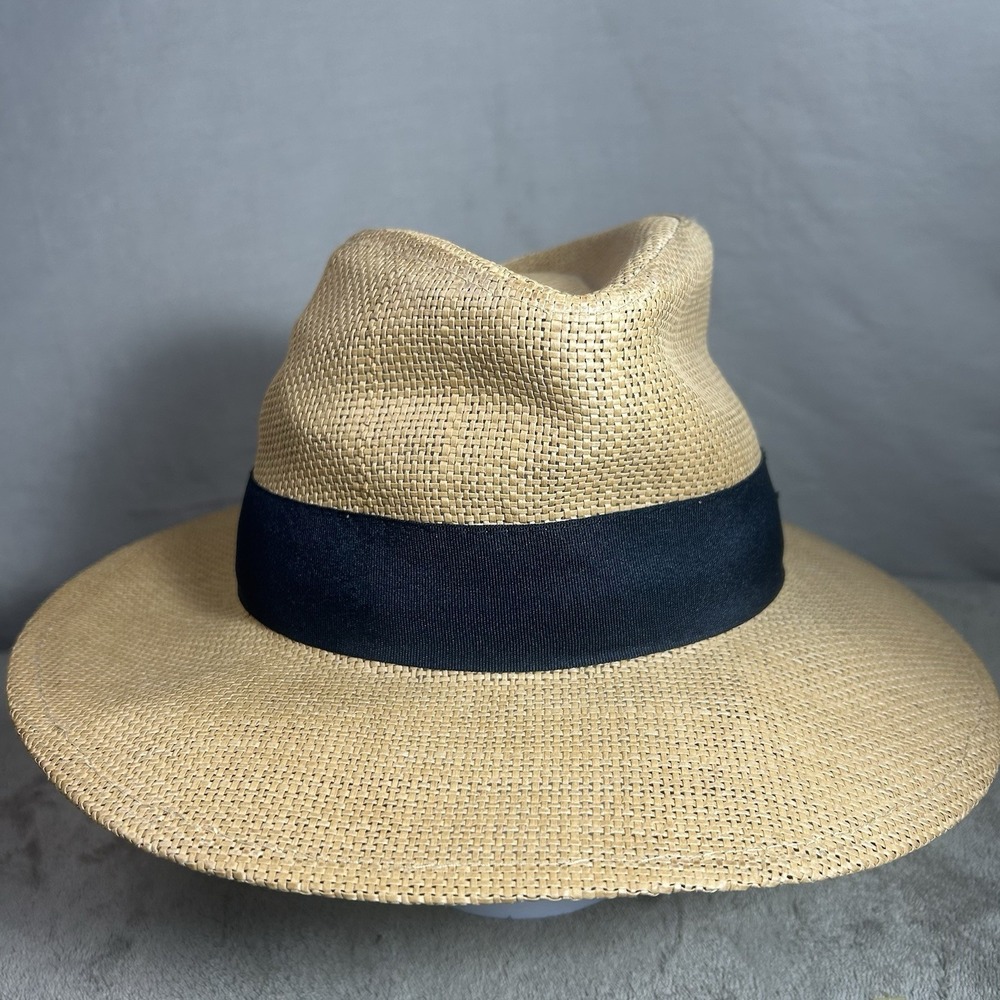 Karfil Hats Greece Woven Straw Fedora Sun Hat Beige Black Band Size M Medium - Picture 2 of 11